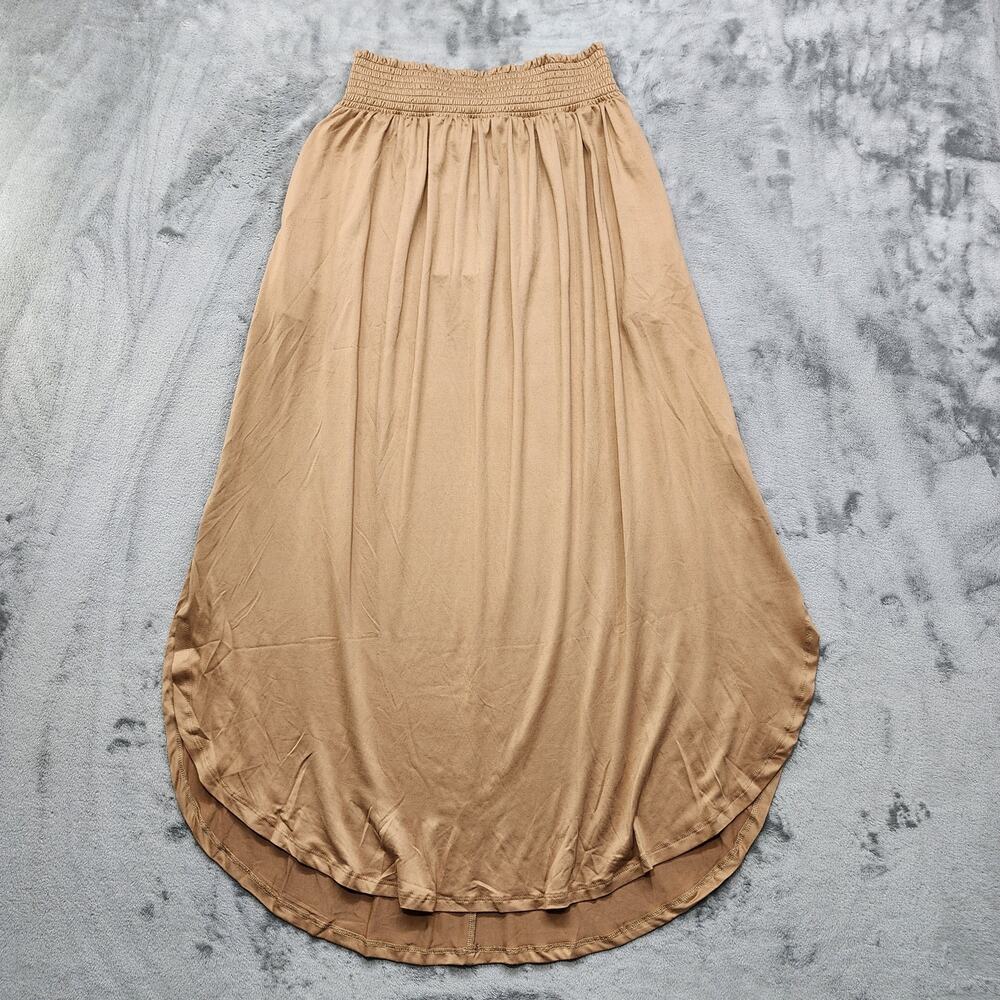 NEW Ninexis Skirt Womens L Tan‎ Camel Smocked Waistband Side Slit Maxi Stretch
